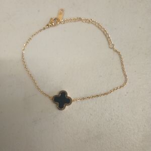 18K Gold-plated stainless-steel necklace w black jade and pearl.